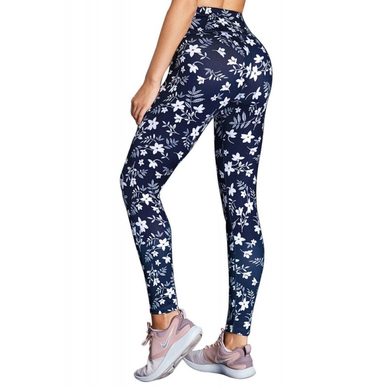 White Floral High Waist Yoga Leggings in Navy