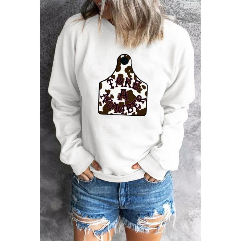 White Round Neck Print Long Sleeve Sweatshirt