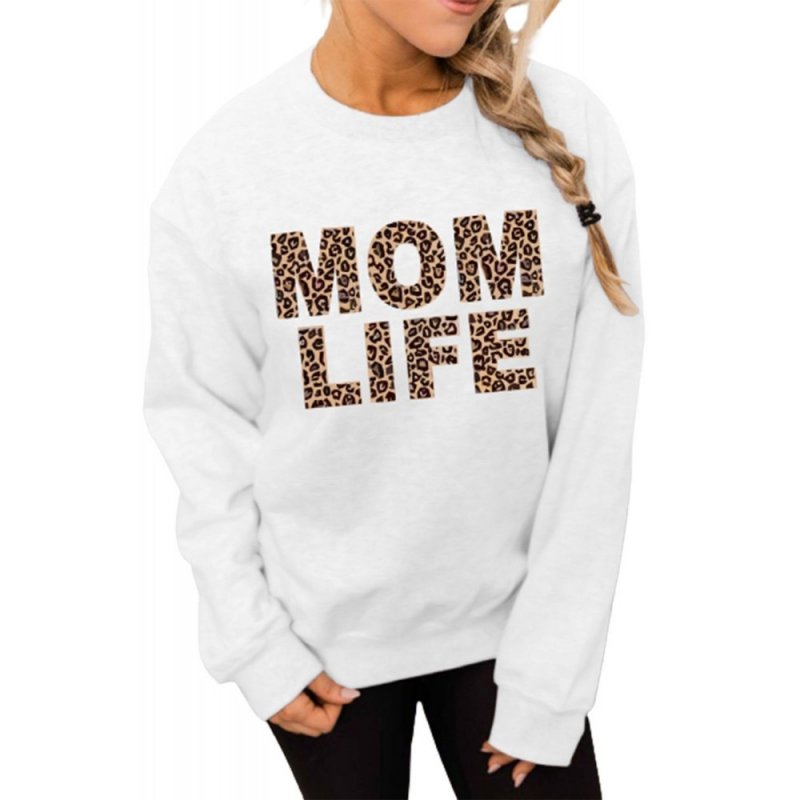 White MOM LIFE Leopard Print Long Sleeve Pullover Sweatshirt