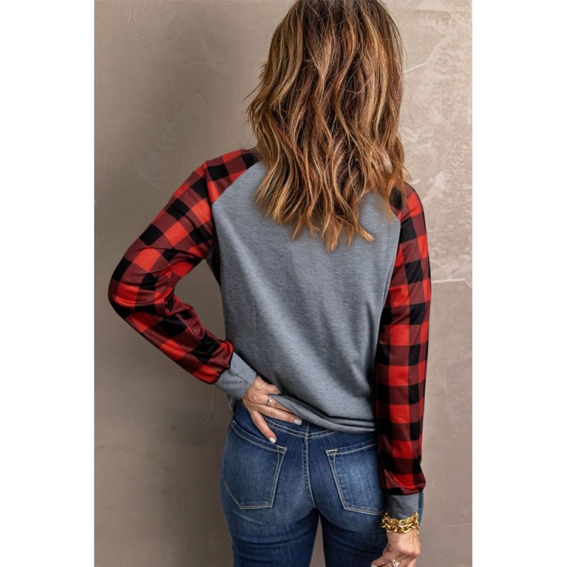 Gray Valentine Pattern Heart Print Plaid Long Sleeve Sweatshirt