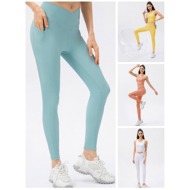 Women Sports Leggings Yoga Tights with Pockets Ribbed Pants for Workout Running Gym