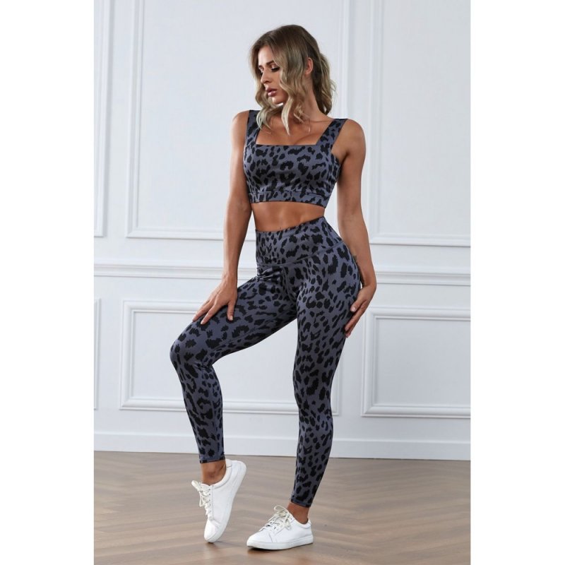 Gray Leopard Print Yoga Sets