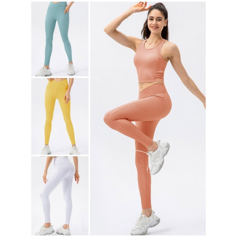 Women Sports Leggings Yoga Tights with Pockets Ribbed Pants for Workout Running Gym