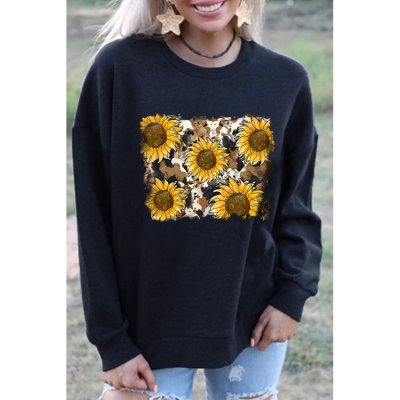 Sunflower Print Long Sleeve Pullover Sweatshirt