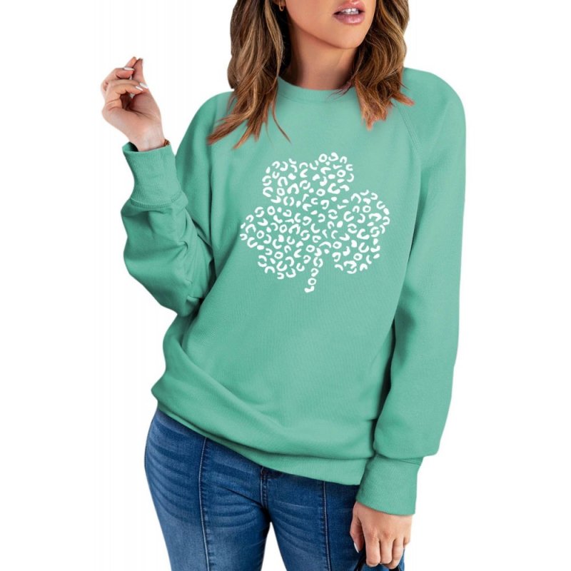 Green Leopard Clover Print Long Sleeve Sweatshirt