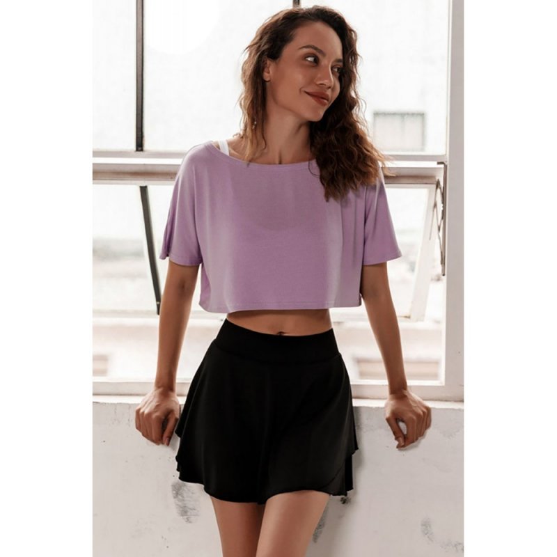 Black Solid Color Ruffled Two-Layered Yoga Skort