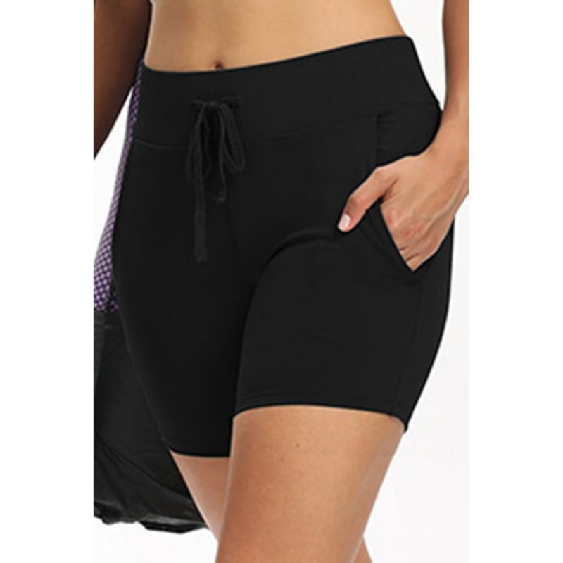 Black Tie Waist Pocket Slim-fit Yoga Shorts