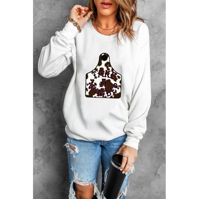 White Round Neck Print Long Sleeve Sweatshirt