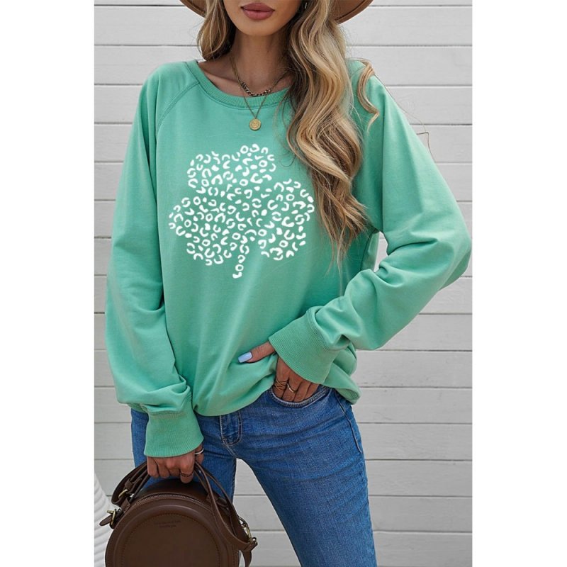 Green Leopard Clover Print Long Sleeve Sweatshirt