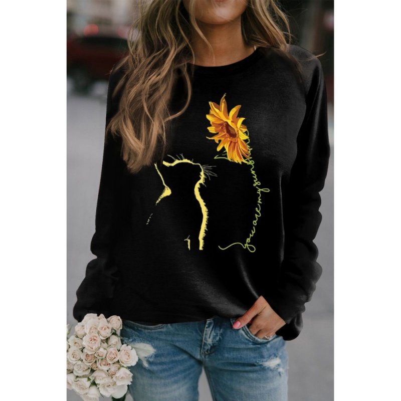 Black Sunflower and Cartoon Cat Graphic Women Sweatshirt